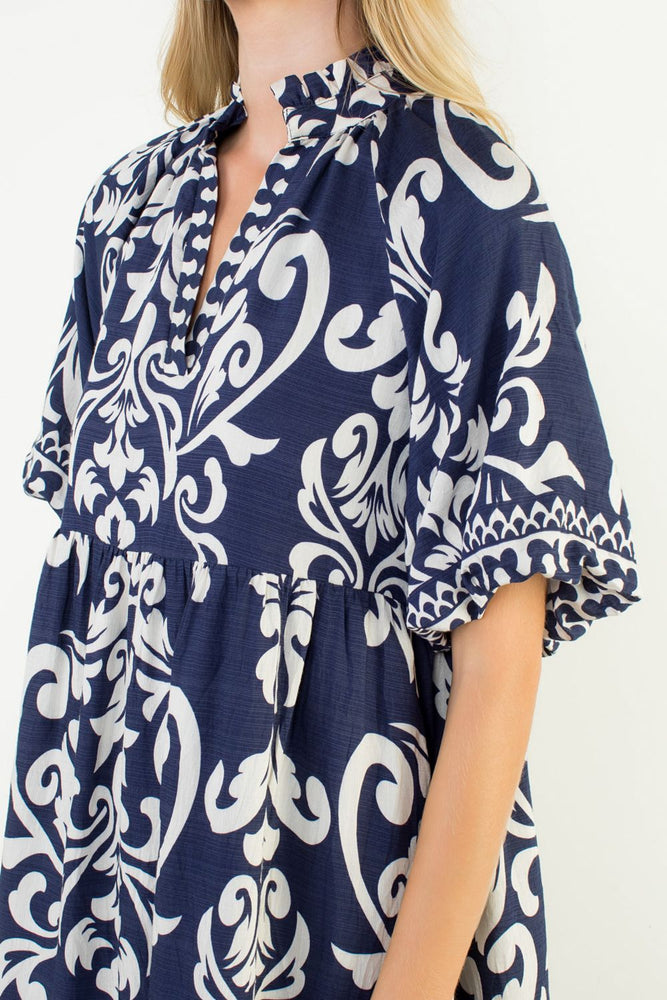 PUFF SLEEVE PRINT MIDI DRESS